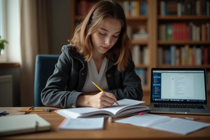 Adolescente révisant le code de la route pour le BSR avec des fiches et un ordinateur portable