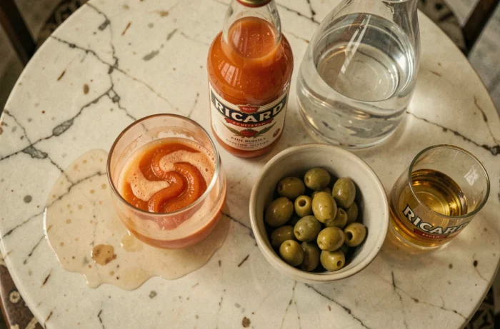 Vue de dessus d'un comptoir en marbre avec un verre de Ricard tomate, carafe d'eau, bouteille de jus de tomate et olives vertes, composition apéritif français