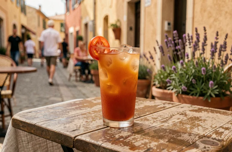 Verre de Ricard tomate posé sur une table de bistrot en bois, terrasse d'un café provençal en arrière-plan flou, apéritif emblématique français