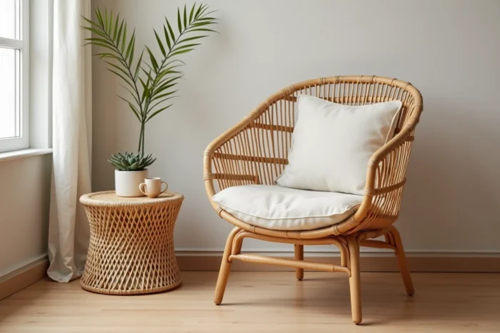Fauteuil en rotin naturel tressé avec coussin en lin dans un salon nordique lumineux avec table d'appoint en osier