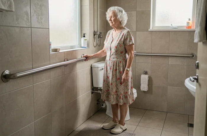 Femme âgée dans une salle de bain aménagée avec barres d'appui pour prévenir les chutes