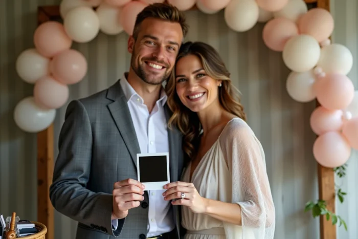 Invités prenant des photos Polaroid et écrivant des messages personnalisés au dos lors d'un mariage