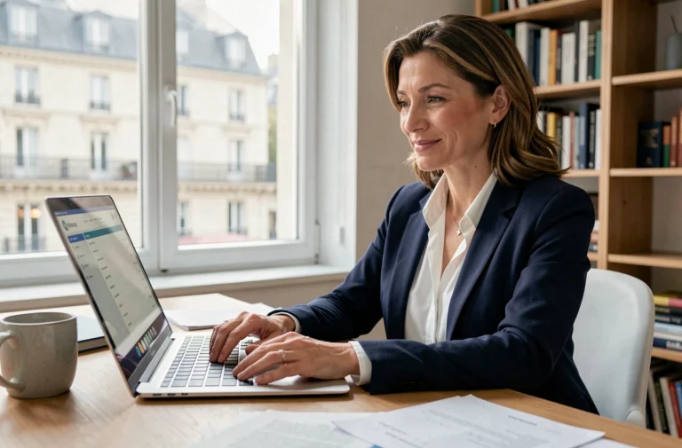 Femme utilisant les services bancaires en ligne sur un ordinateur portable dans un bureau à domicile à Paris