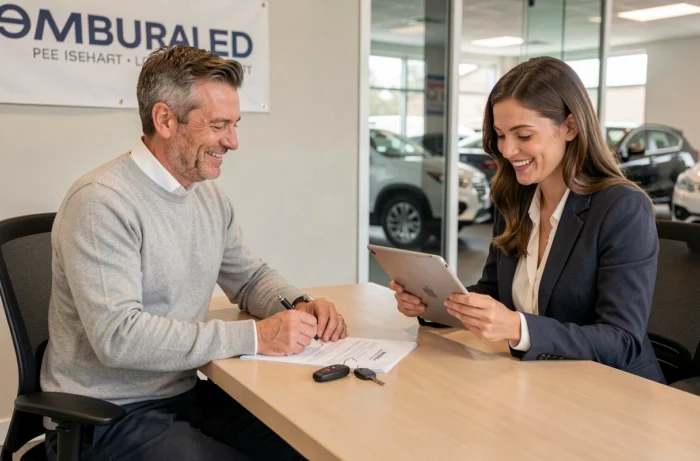Client signant un contrat d'achat de véhicule dans le bureau d'une concession automobile de confiance