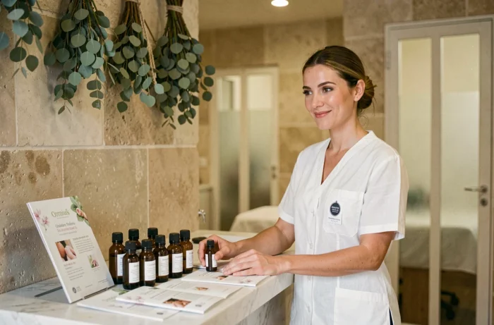 Professionnelle de bien-être dans la réception d'un spa parisien haut de gamme entourée de produits d'aromathérapie