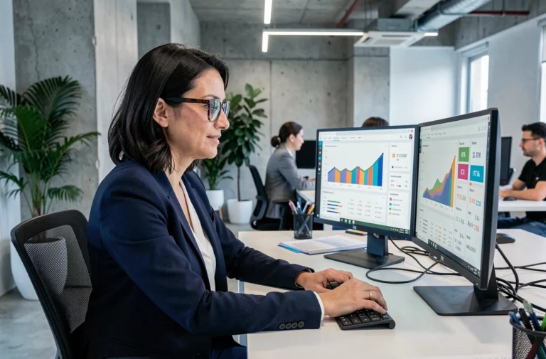 Femme professionnelle analysant des tableaux de bord de stratégie digitale sur deux écrans dans un bureau moderne