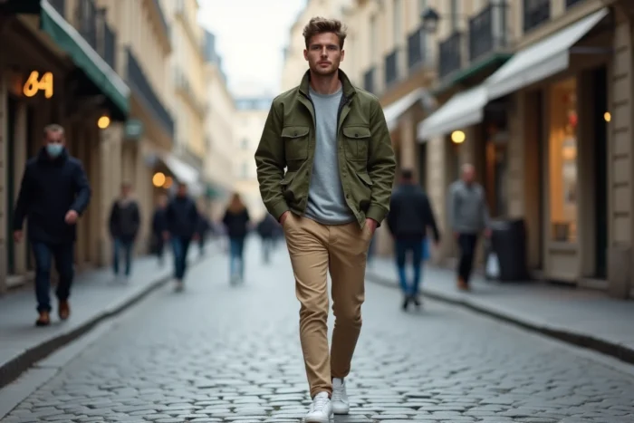 Homme stylé en veste utilitaire olive marchant dans une rue pavée avec des façades haussmanniennes en arrière-plan