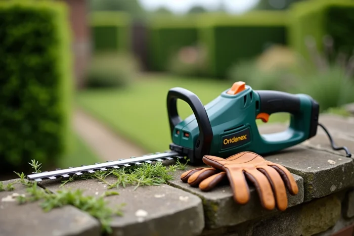 Taille-haie électrique sans fil posé sur un muret en pierre dans un jardin anglais avec gants de jardinage