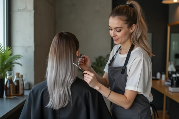 Coloriste appliquant une technique de grey blending sur les cheveux bruns d'une cliente en salon de coiffure