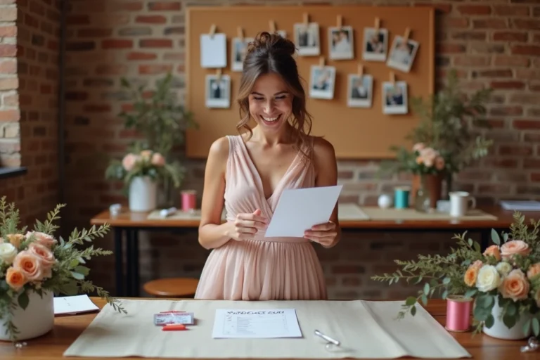 Témoin de mariage enthousiaste entourée d'accessoires et de décorations pour organiser des surprises originales
