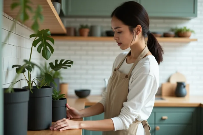 Femme arrangeant une étagère de cuisine décorée avec plantes et céramiques artisanales selon les tendances déco actuelles