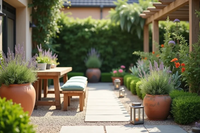 Terrasse de jardin moderne avec jardinières en terre cuite, mobilier en teck et plantes tendance