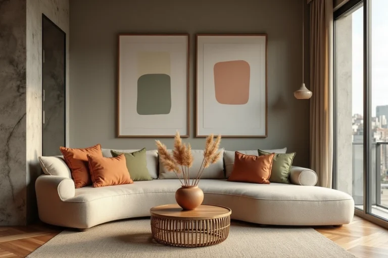 Salon moderne décoré selon les dernières tendances avec canapé bouclé beige, coussins terracotta et végétaux séchés
