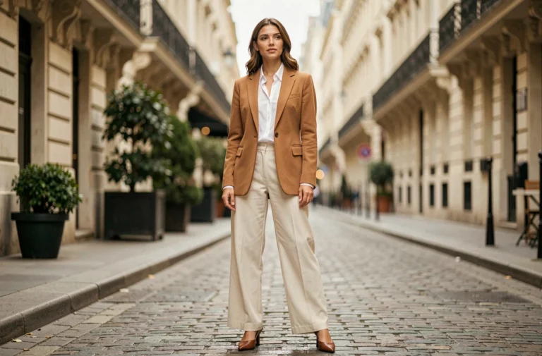 Femme élégante portant un blazer camel et un pantalon large ivoire dans une rue pavée parisienne, style mode tendance 2024