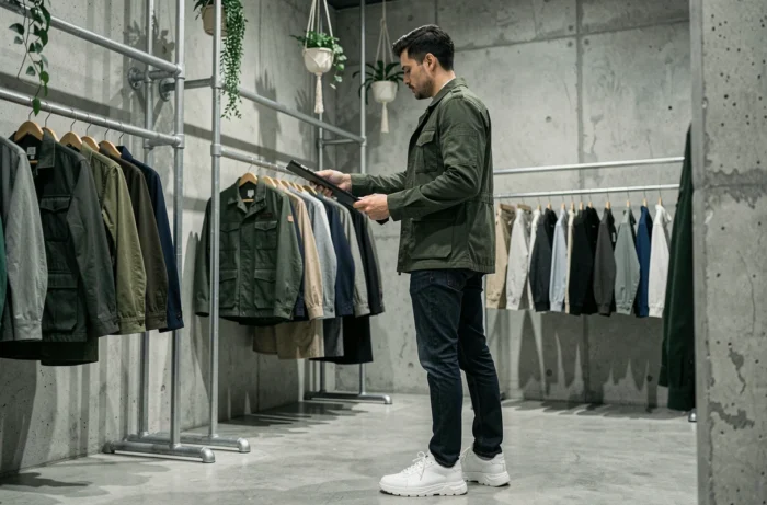 Homme tendance en veste utilitaire verte parcourant des portants vêtements dans un concept store minimaliste, mode homme 2024