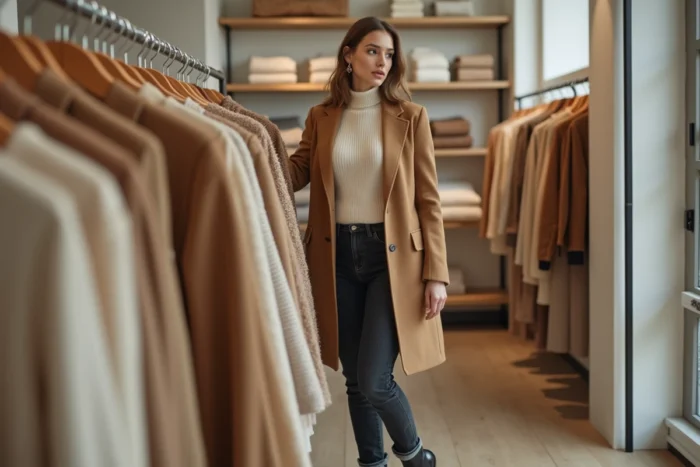 Femme élégante en manteau camel parcourant les nouvelles collections dans une boutique de mode minimaliste aux étagères en chêne