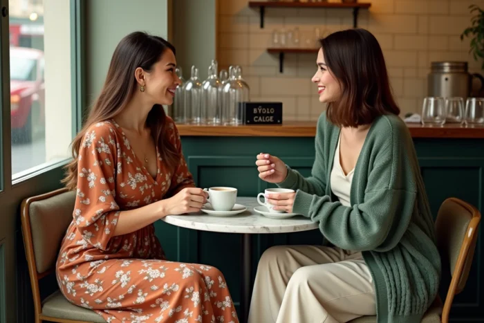 Deux femmes tendance discutant autour d'un café dans un bistrot parisien aux murs carrelés, portant des tenues aux couleurs de la saison