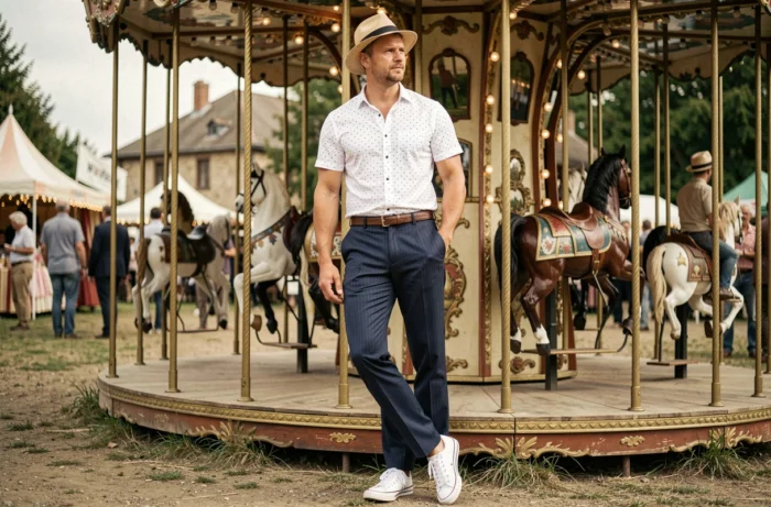 Homme en pantalon rayé marine et chapeau canotier devant un carrousel rétro lors d'une fête guinguette