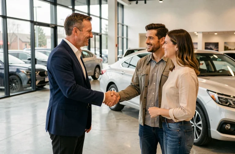 Vendeur automobile professionnel serrant la main d'un couple dans une concession moderne, voitures d'occasion et neuves en arrière-plan
