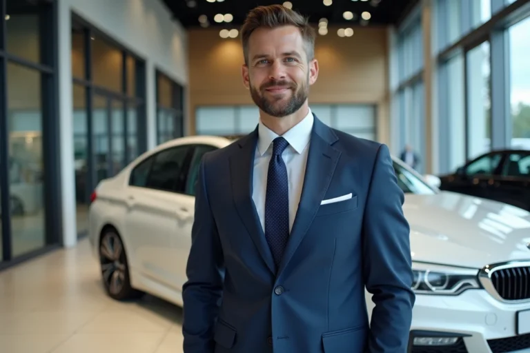 Vendeur BMW en costume bleu marine dans une concession automobile moderne, posant près d'une BMW 5 Series blanche