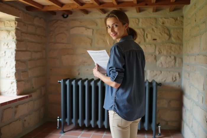 Femme vérifiant l'installation complète d'un radiateur en fonte avec pieds de sol dans une maison en pierre rénovée