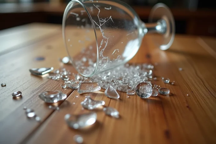 Verre blanc cassé sur une table en bois avec des éclats dispersés, symbolisant un présage ancien