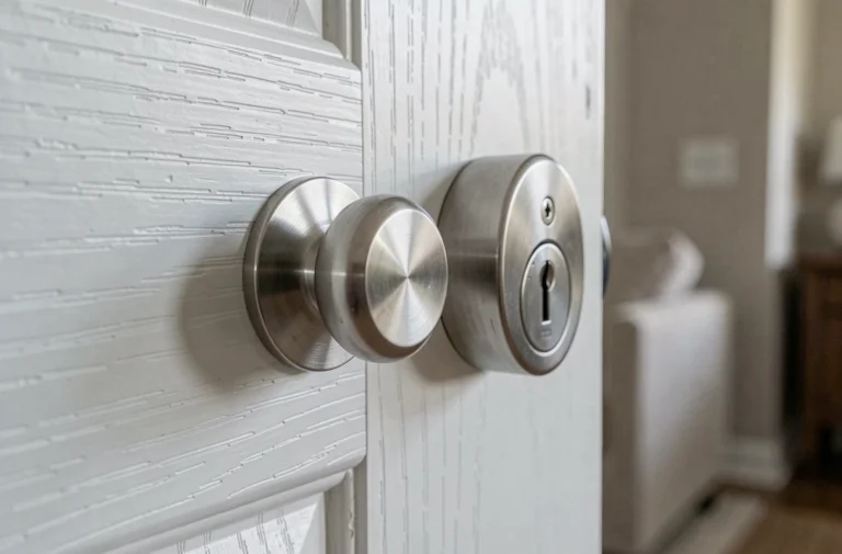 Comparaison d'un verrou à bouton et d'un verrou à clé côte à côte sur une porte intérieure en bois
