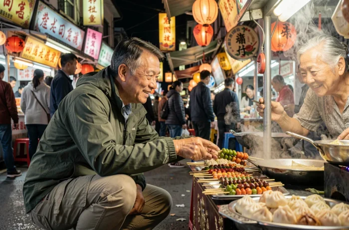 Voyageur quinquagénaire découvrant la cuisine de rue dans un marché nocturne animé en Asie avec un vendeur local