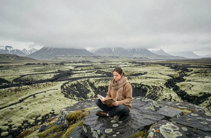 Jeune femme écrivant dans son journal de voyage sur un promontoire rocheux face à un paysage volcanique islandais