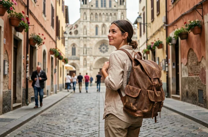 Voyageuse solo avec sac à dos devant une cathédrale historique dans une rue pavée d'une ville européenne