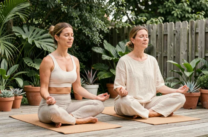 Deux femmes pratiquant la respiration consciente sur des tapis de yoga en liège entourées de plantes vertes en extérieur